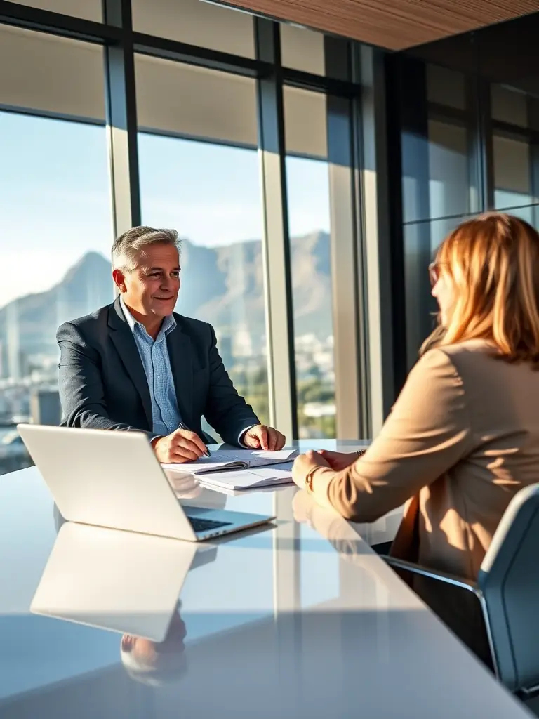 A financial advisor meeting with a client in a modern office, discussing wealth management strategies and financial planning documents, with a view of Table Mountain in the background.