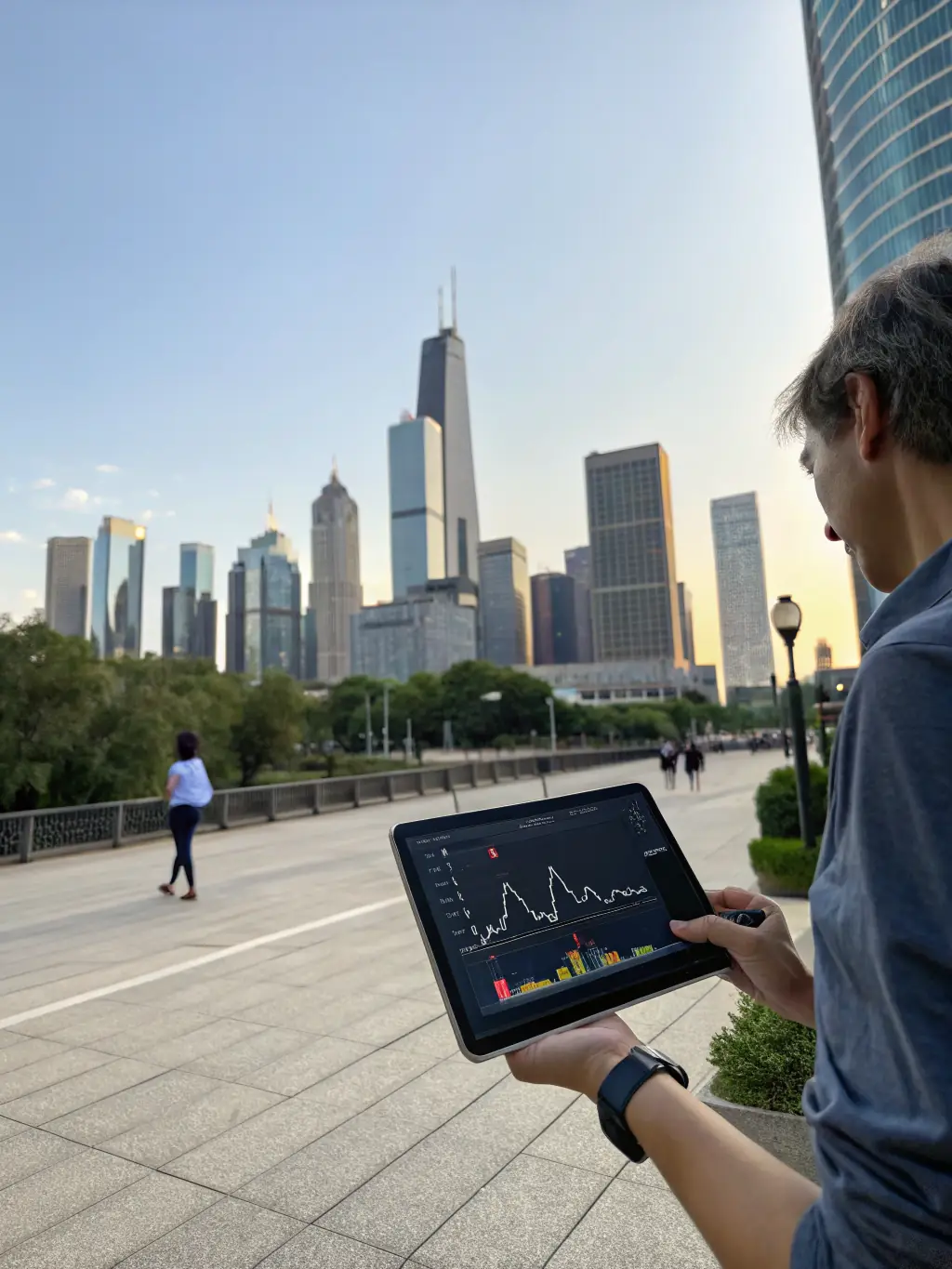 A diverse portfolio of investments displayed on a tablet, showcasing growth charts and financial data, set against the backdrop of a modern South African cityscape.