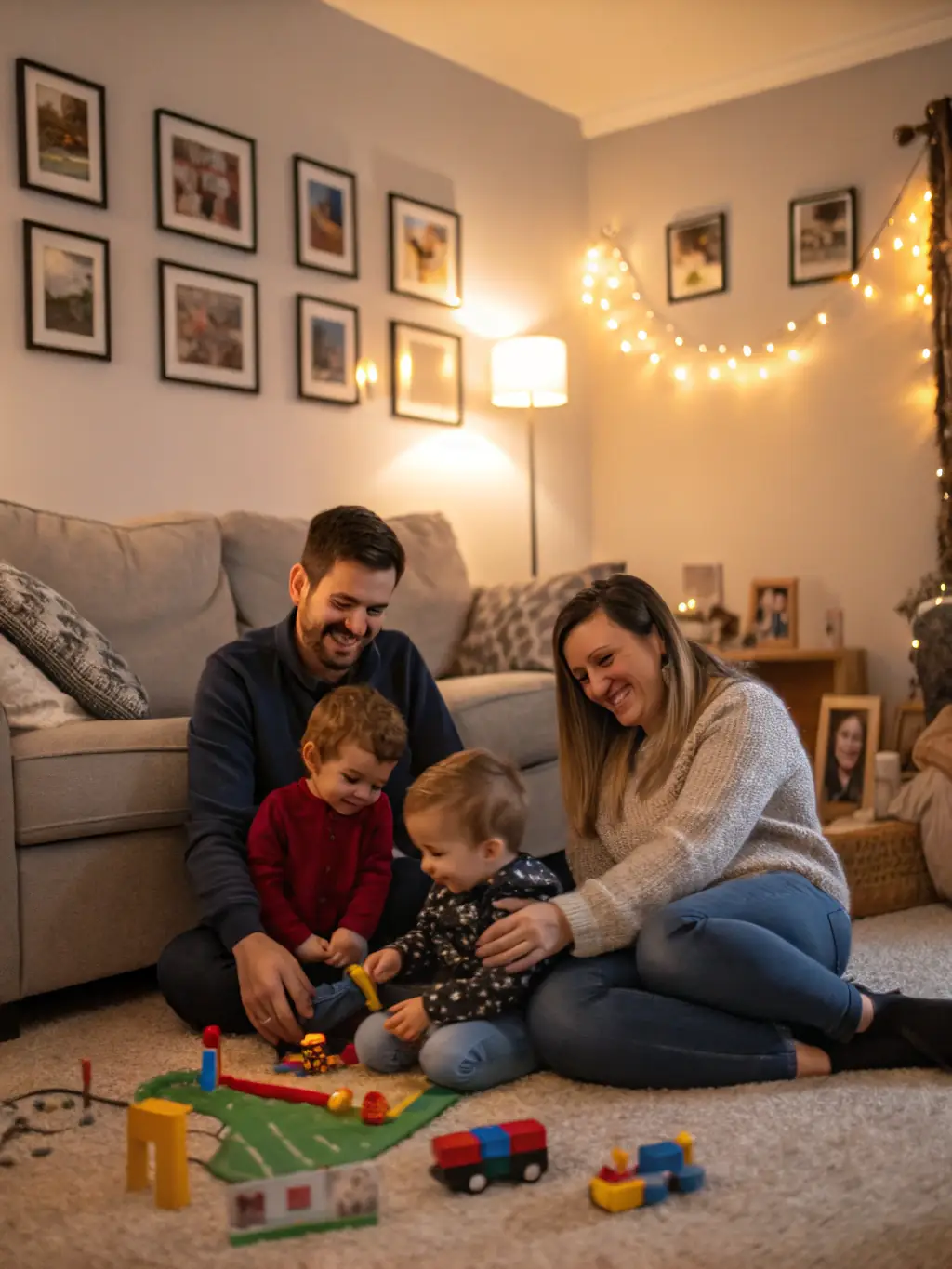 A family happily gathered in their home, symbolizing financial security and future planning, with subtle South African cultural elements in the background.
